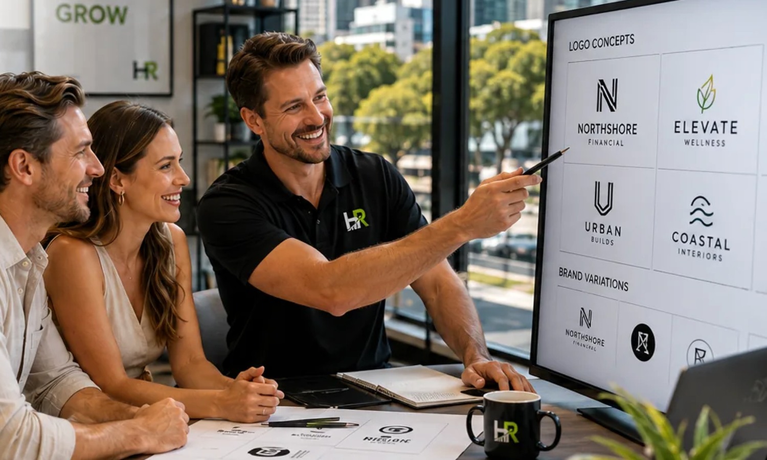 Business owners reviewing logo concepts