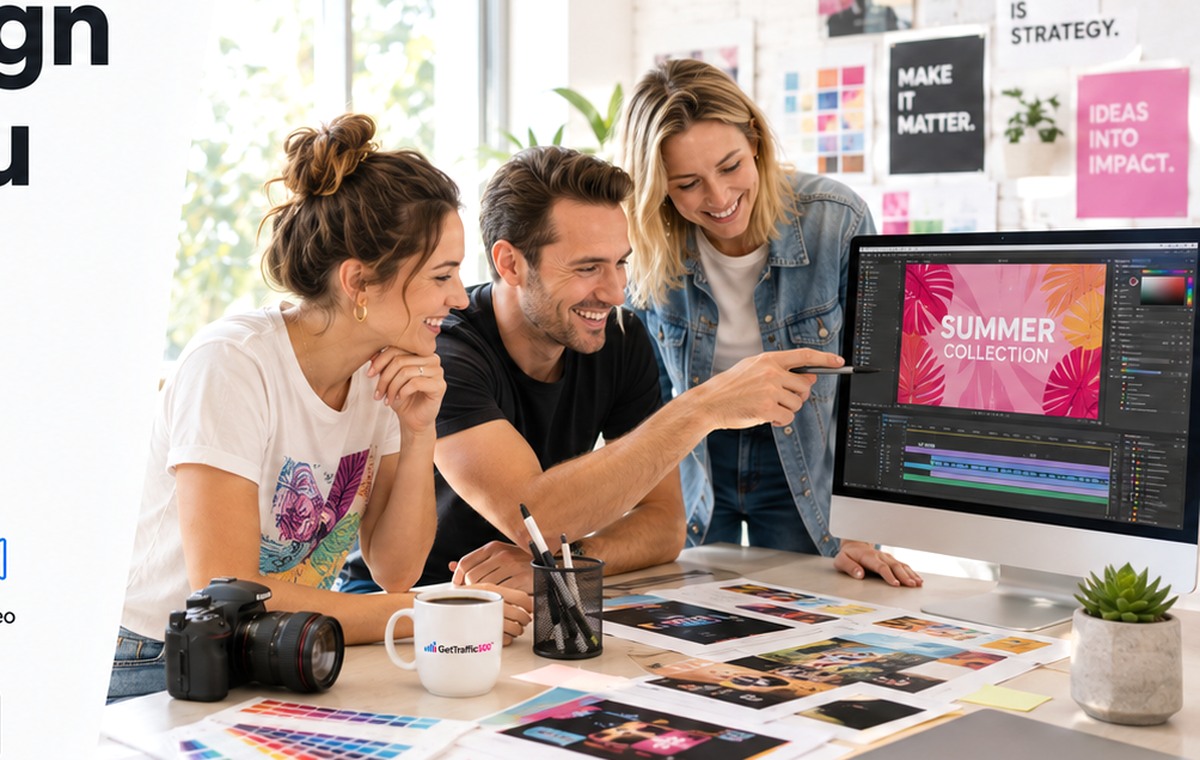 Creative design team preparing campaign graphics
